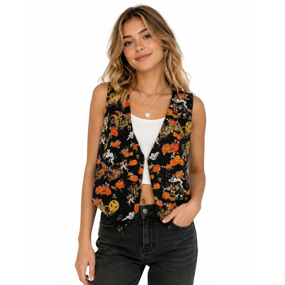 Vtg Basic Editions Womens Halloween Vest Black Orange Spooky Print Large